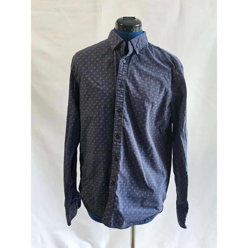 Retro Denim & Flower Blue Patterned Button Down Shirt L